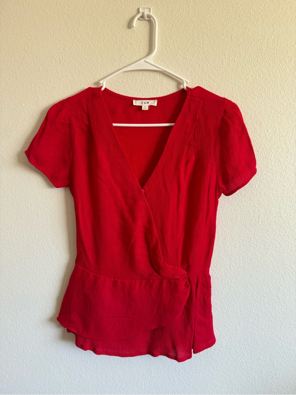 Red Wrap-Front Short Sleeve Blouse by E & M ♥️